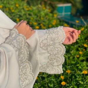 White Floral Symphony-Irani Abaya with White Crystal Flower Traces